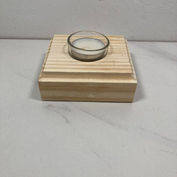 Unfinished Wooden Tea Light Candle Holder - Single Candle with Candle and Glass - Picture 1 of 15